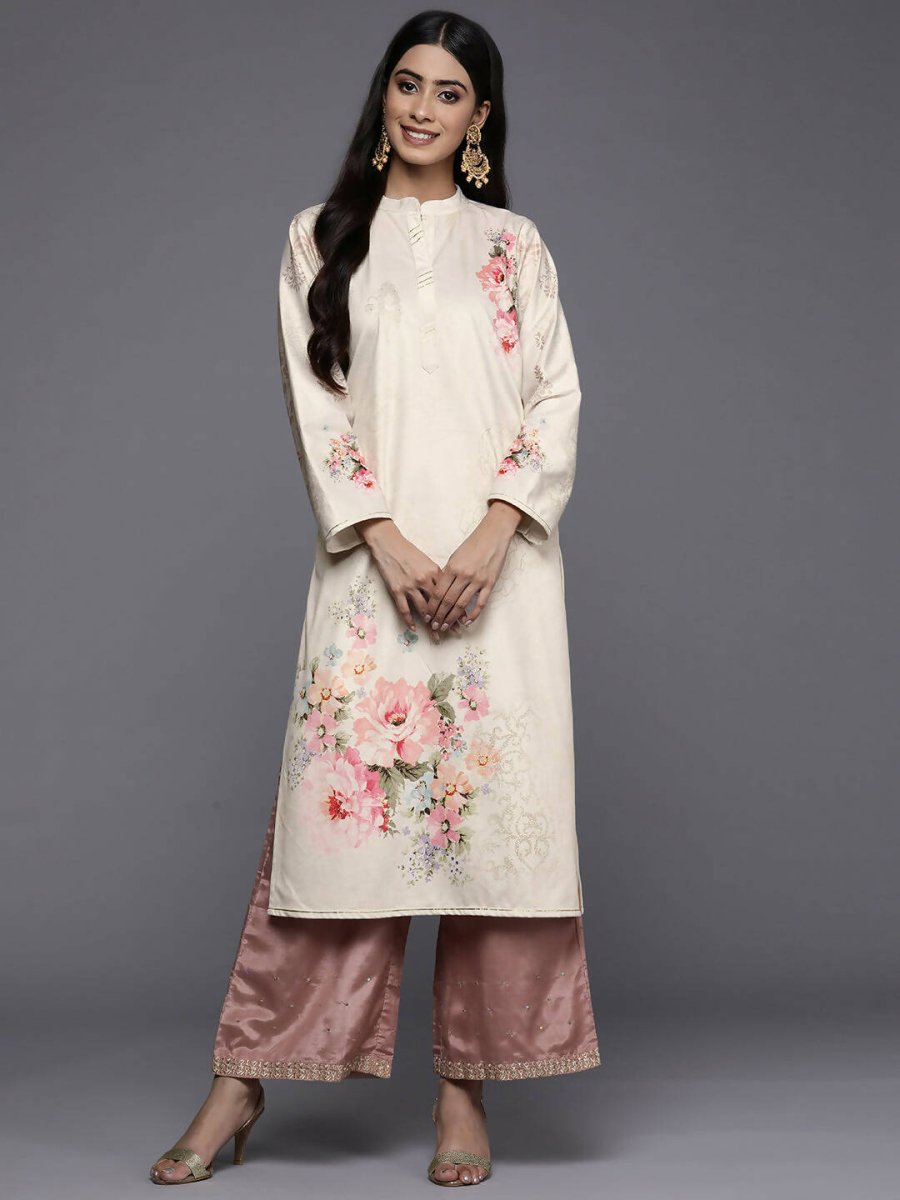 Ahalyaa Women Cream-Coloured & Pink Floral Printed Gotta Patti Floral Velvet Kurta | Grocsy