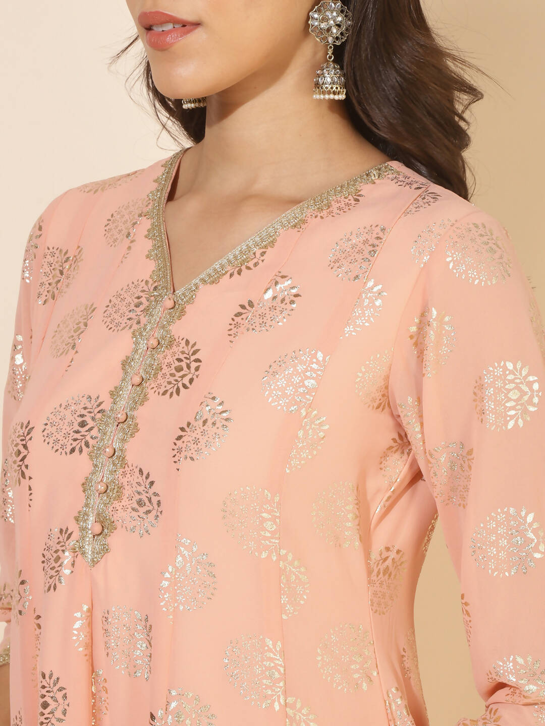 Janasya Women's Peach Georgette Foil Printed Festive Anarkali Kurta Set | Grocsy