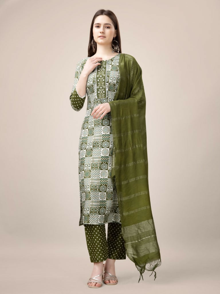 Jyoti Fashion Women's Mehendi Rayon Print with Embroidery & Fancy Lace Work Kurta with Trouser & Dupatta | Grocsy