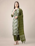 Jyoti Fashion Women's Mehendi Rayon Print with Embroidery & Fancy Lace Work Kurta with Trouser & Dupatta | Grocsy