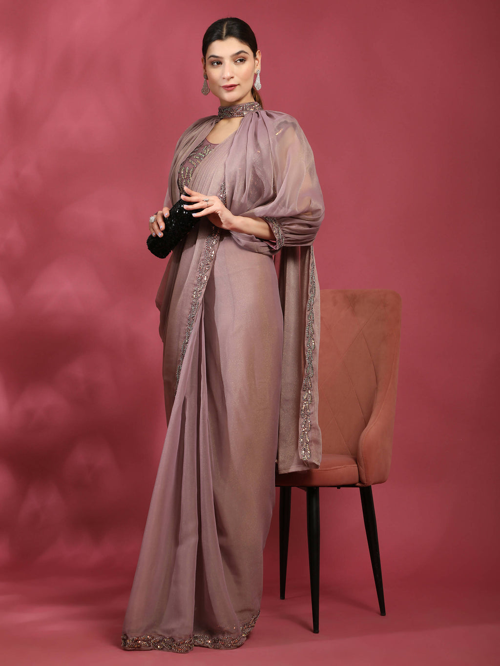 Purple Fancy Pure Fabric Plain Ready to wear Saree with stitched Blouse - Vrinda | Grocsy