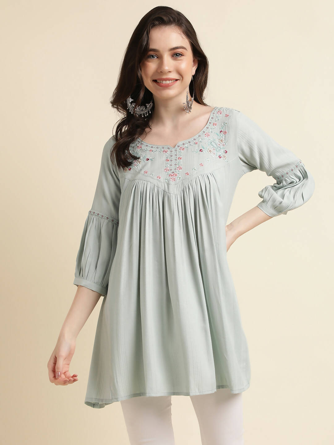 Light Blue Poly Cotton Yoke Embroidered A-line Top - Tarini | Grocsy