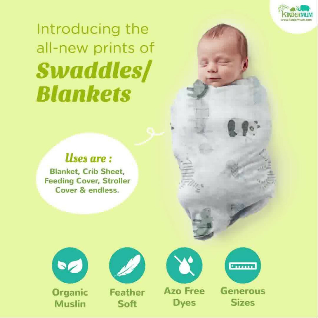 Kindermum Organic Cotton Muslin Swaddle Blanket 100 Cm X 100 Cm - Set Of 2 - Jungle Safari And Tiny Animals | Grocsy