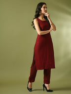 Myshka Women's Maroon Embroidered Cotton Straight Party Kurta Set | Grocsy