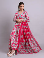 Joban Fashion Red Cotton Floral Printed & Embroidery Work Anarkali Dress With Dupatta Set | Grocsy