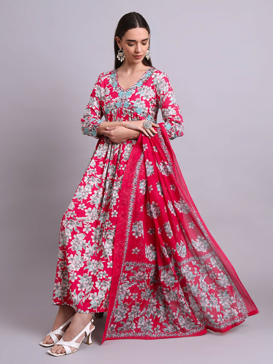 Joban Fashion Red Cotton Floral Printed & Embroidery Work Anarkali Dress With Dupatta Set | Grocsy