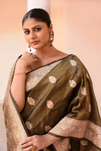 Joban Fashion Olive Green Banarasi Katan Pure Handloom Banarasi Silk Saree | Grocsy