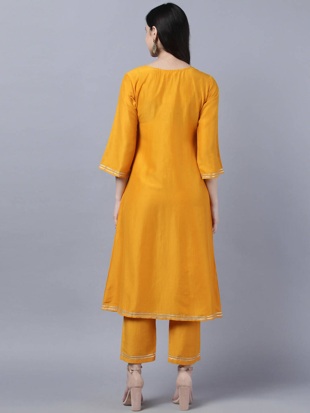 Myshka Stylish Mustard 3/4 Sleeve Women's Kurta Pant with Dupatta Set | Grocsy