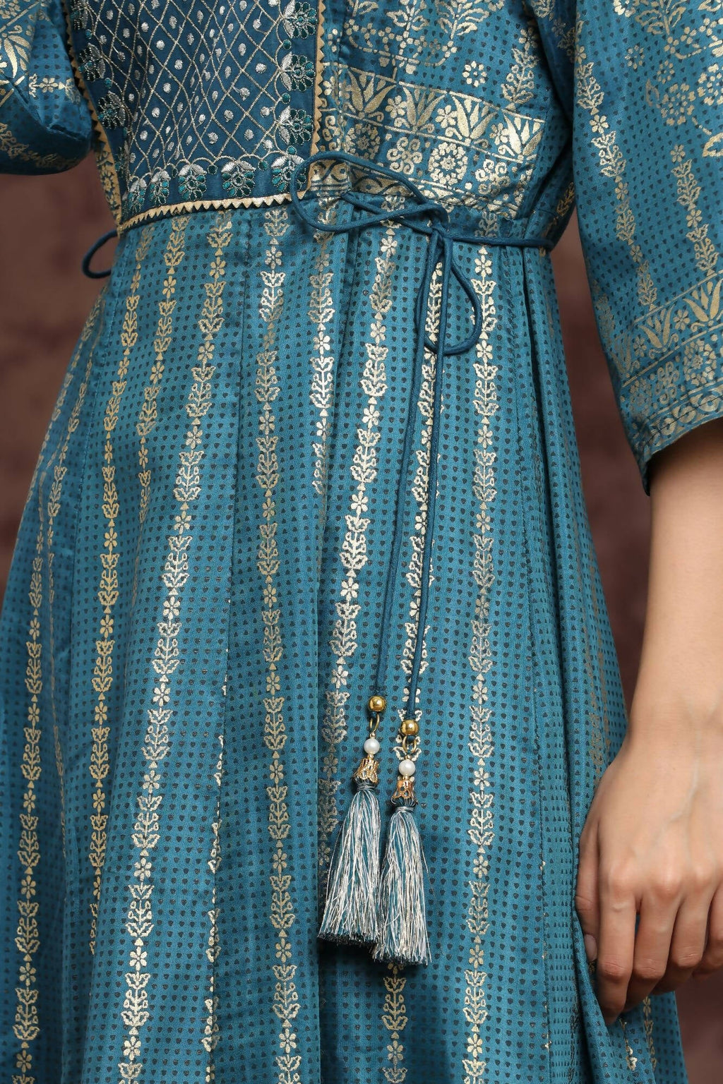 Juniper Women Teal Shantoon Printed Anarkali Dress | Grocsy