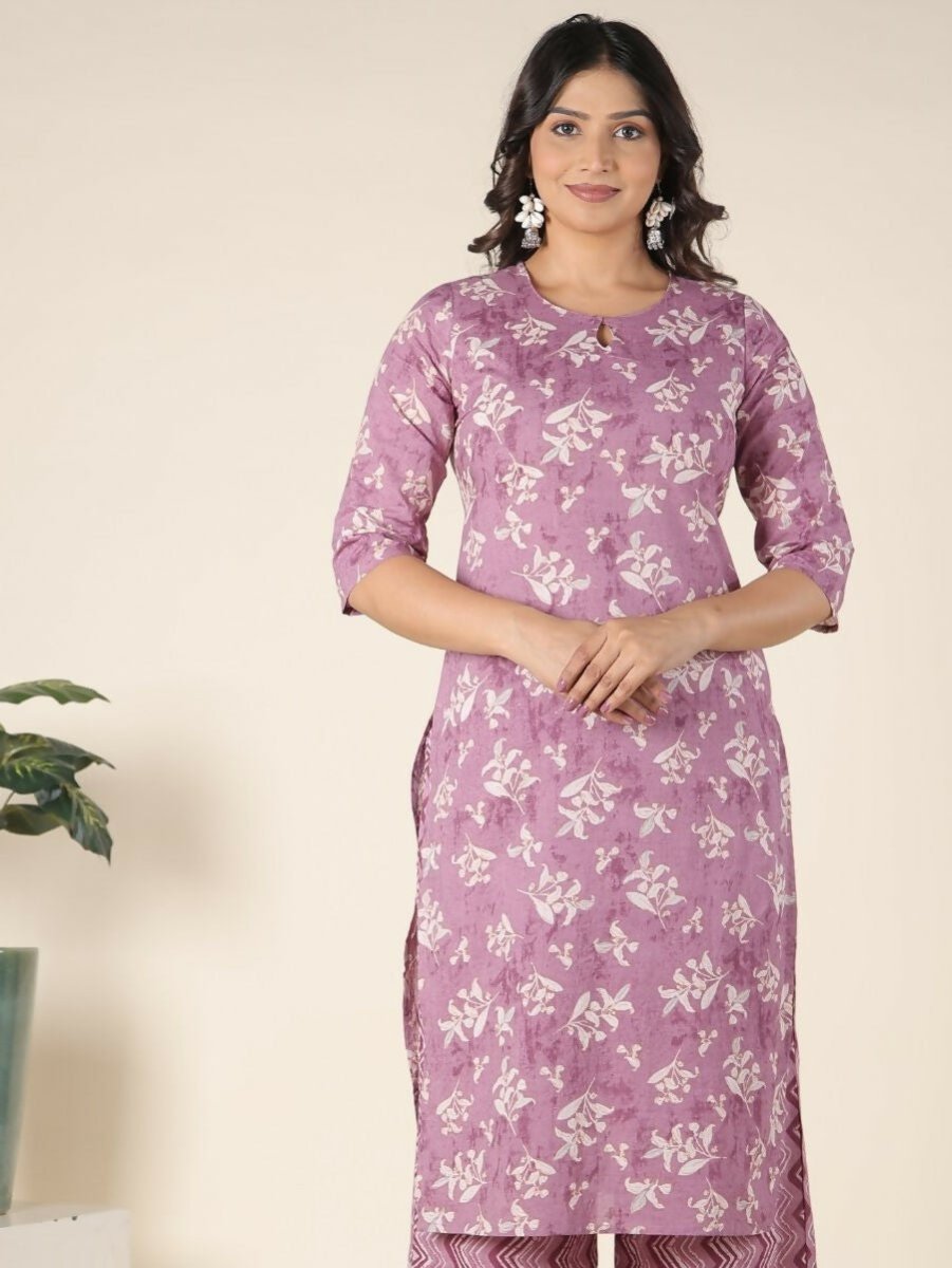 Aramya Pink Soft Cotton Floral Straight Kurta for Women | Grocsy