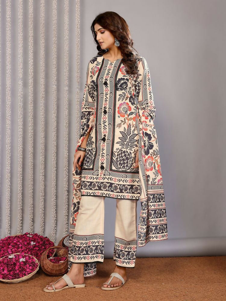 Joban Fashion Women Cream Linen Printed Stitched Kurta Set | Grocsy