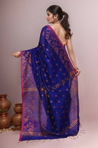 Joban Fashion Blue Cotton Blend Handloom Saree | Grocsy
