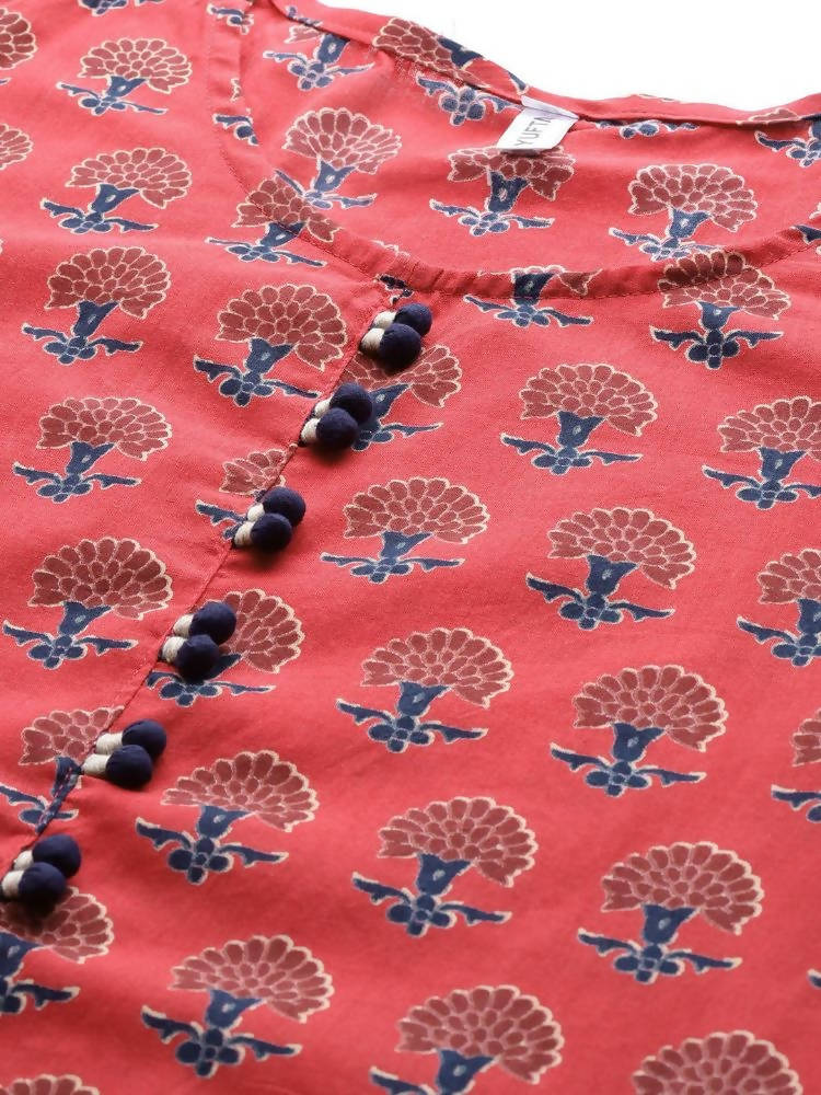 Yufta Women Red Pure Cotton Handblock Print Kurta with Trouser & Dupatta | Grocsy