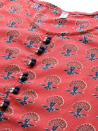 Yufta Women Red Pure Cotton Handblock Print Kurta with Trouser & Dupatta | Grocsy