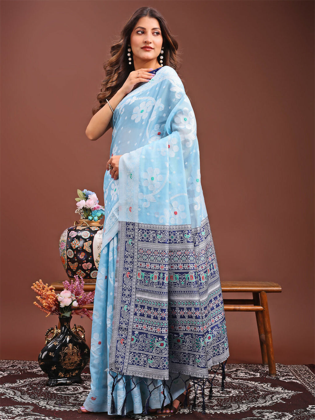 Shree Shyam Fashion Anaya Sky Blue Linen Cotton Saree | Grocsy