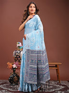 Shree Shyam Fashion Anaya Sky Blue Linen Cotton Saree | Grocsy