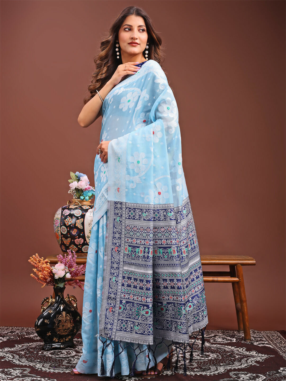 Shree Shyam Fashion Anaya Sky Blue Linen Cotton Saree | Grocsy