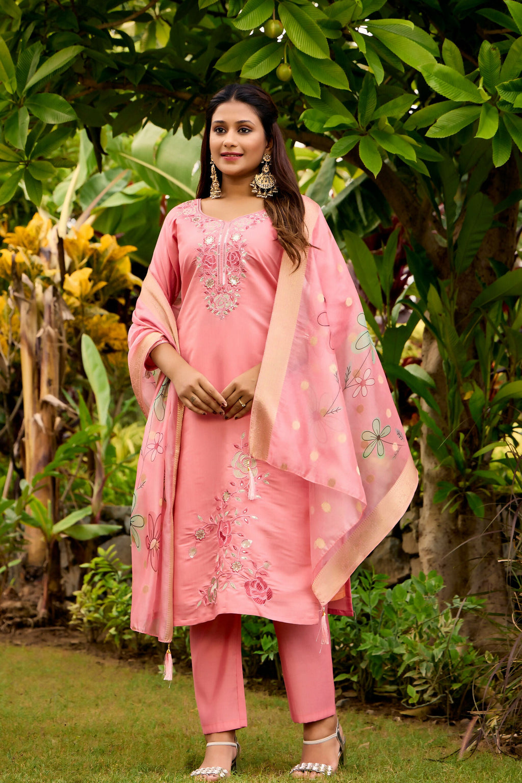 The52 Women's Beautiful Embroidery Work Roman Fabric Straight Kurta Pant and Dupatta Set | Grocsy