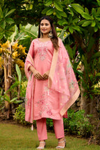The52 Women's Beautiful Embroidery Work Roman Fabric Straight Kurta Pant and Dupatta Set | Grocsy