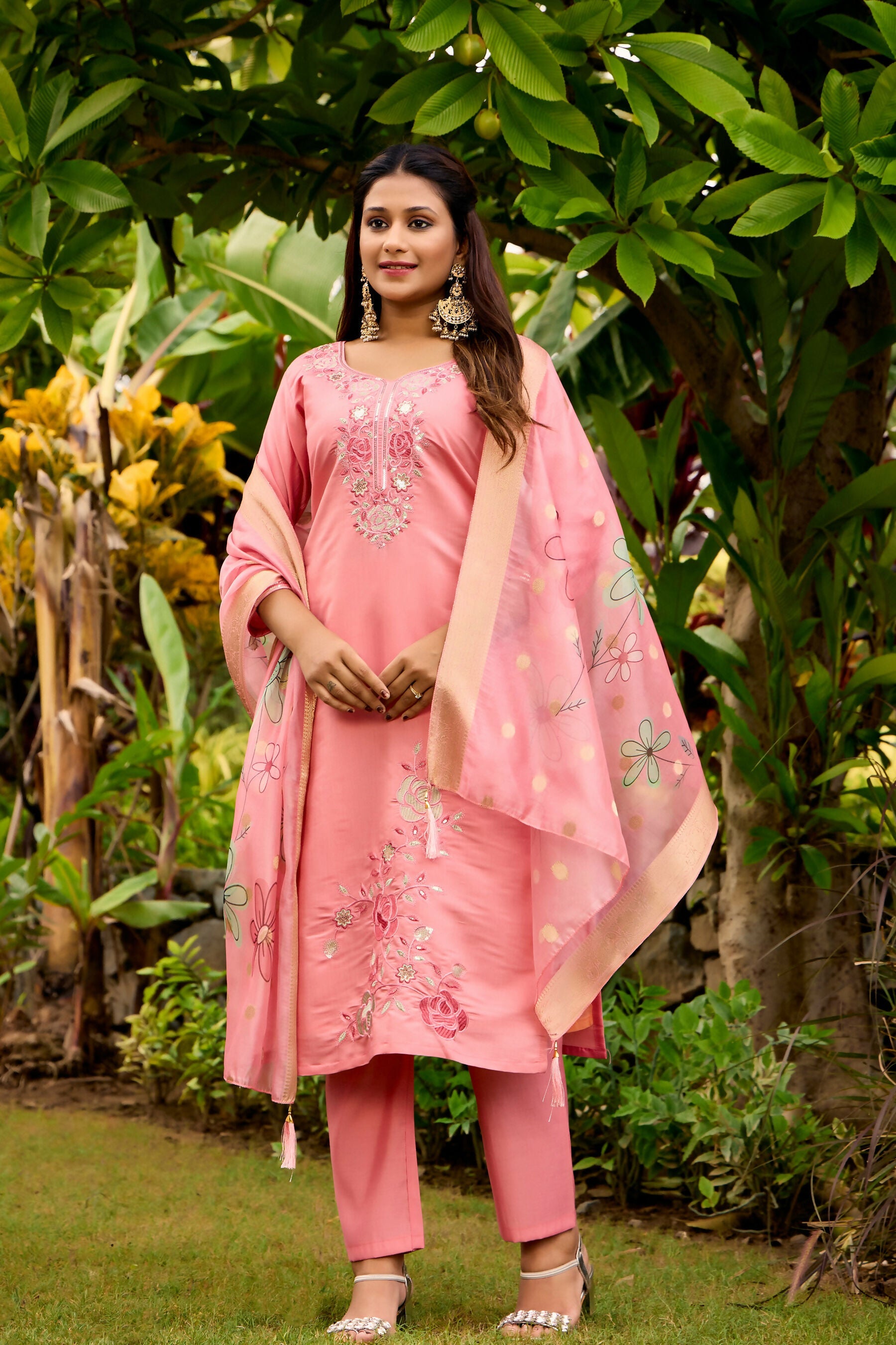 The52 Women's Beautiful Embroidery Work Roman Fabric Straight Kurta Pant and Dupatta Set | Grocsy