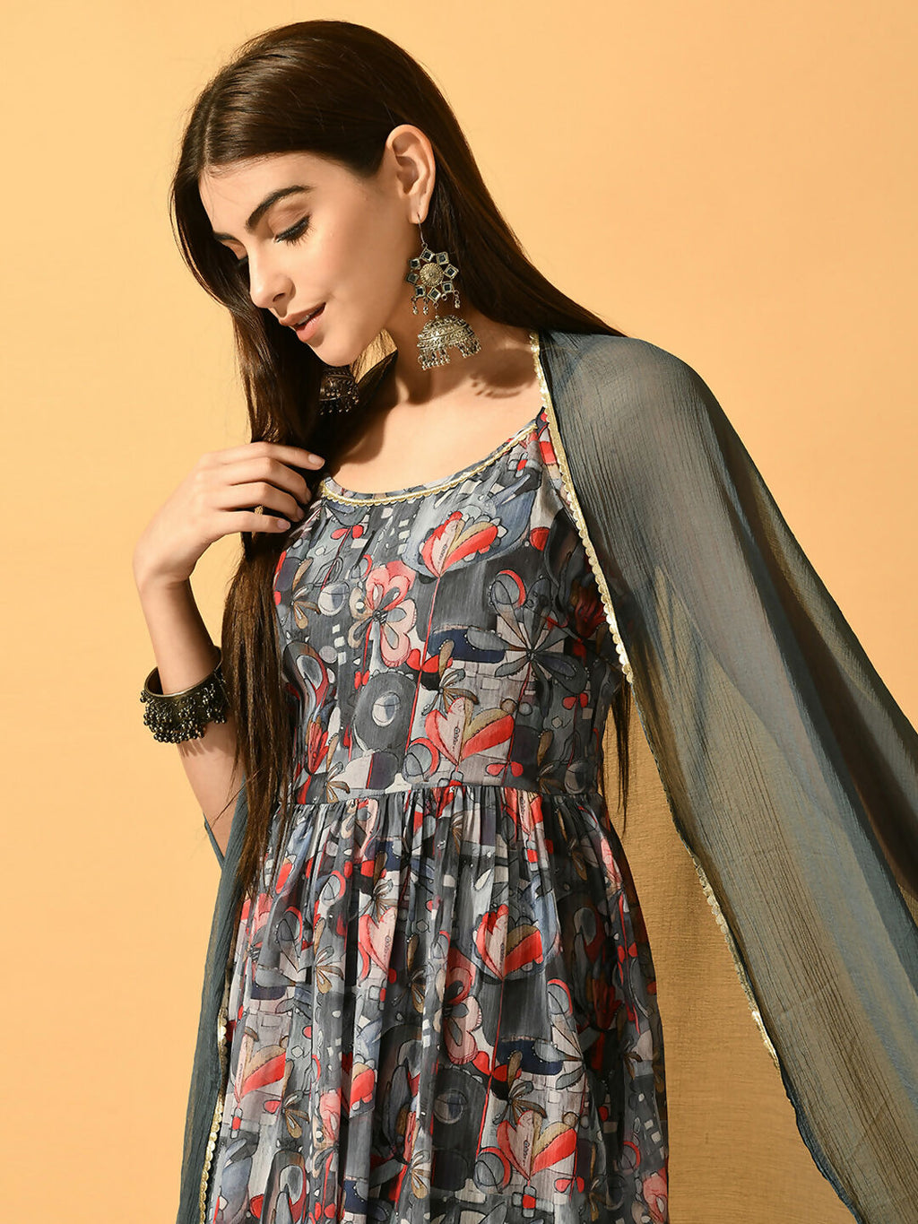 Myshka Women's Grey Festive Flared Anarkali Kurta With Dupatta sets | Grocsy