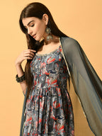 Myshka Women's Grey Festive Flared Anarkali Kurta With Dupatta sets | Grocsy