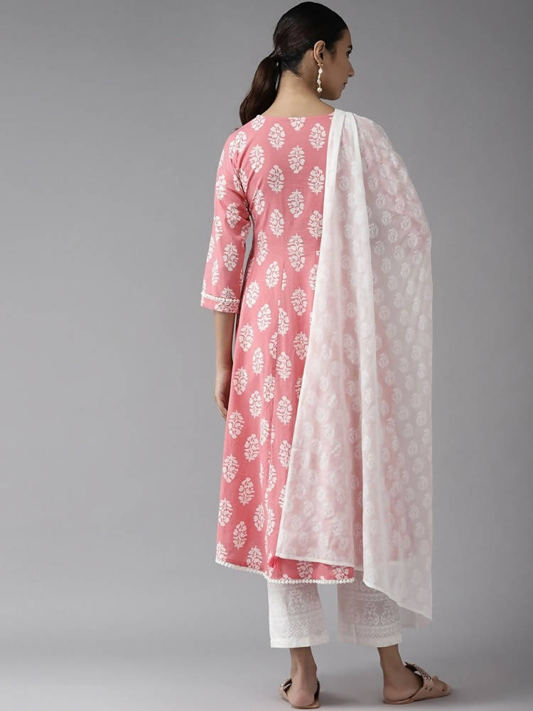 Yufta Pink and White Block Print A-line kurta with Palazzo & Dupatta Set | Grocsy