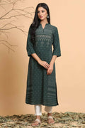 Juniper Women Jade Green Rayon Slub Bandhani Printed A-Line Kurta | Grocsy