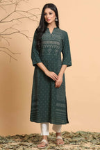 Juniper Women Jade Green Rayon Slub Bandhani Printed A-Line Kurta | Grocsy