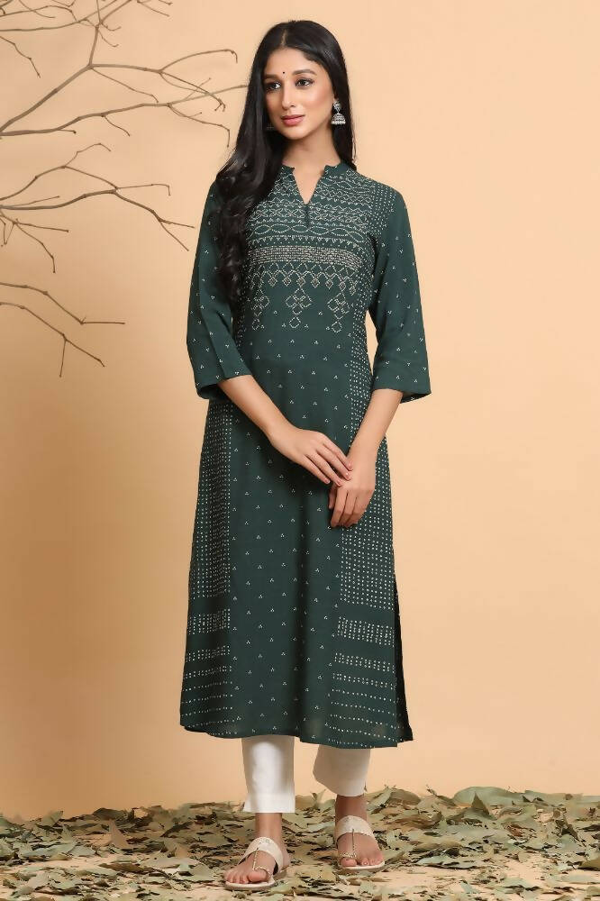 Juniper Women Jade Green Rayon Slub Bandhani Printed A-Line Kurta | Grocsy