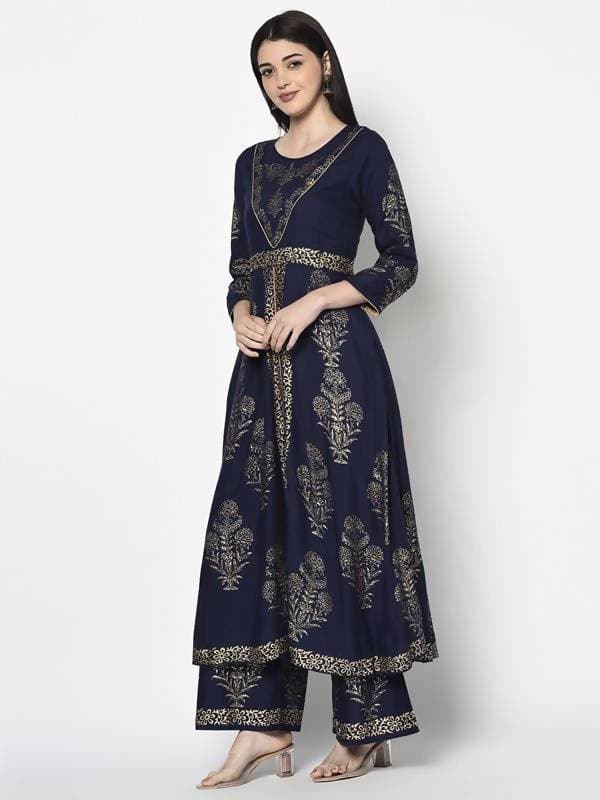 Aniyah Rayon Navy Blue Color Foil Print Anarkali Kurta (AN-192K) | Grocsy