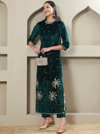 Joban Fashion Women Green Velvet Hand Embellishment Stitched Kurta Set | Grocsy