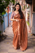 Brown Linen Sequence Saree with Unstitched Blouse - Hiral Fashion | Grocsy