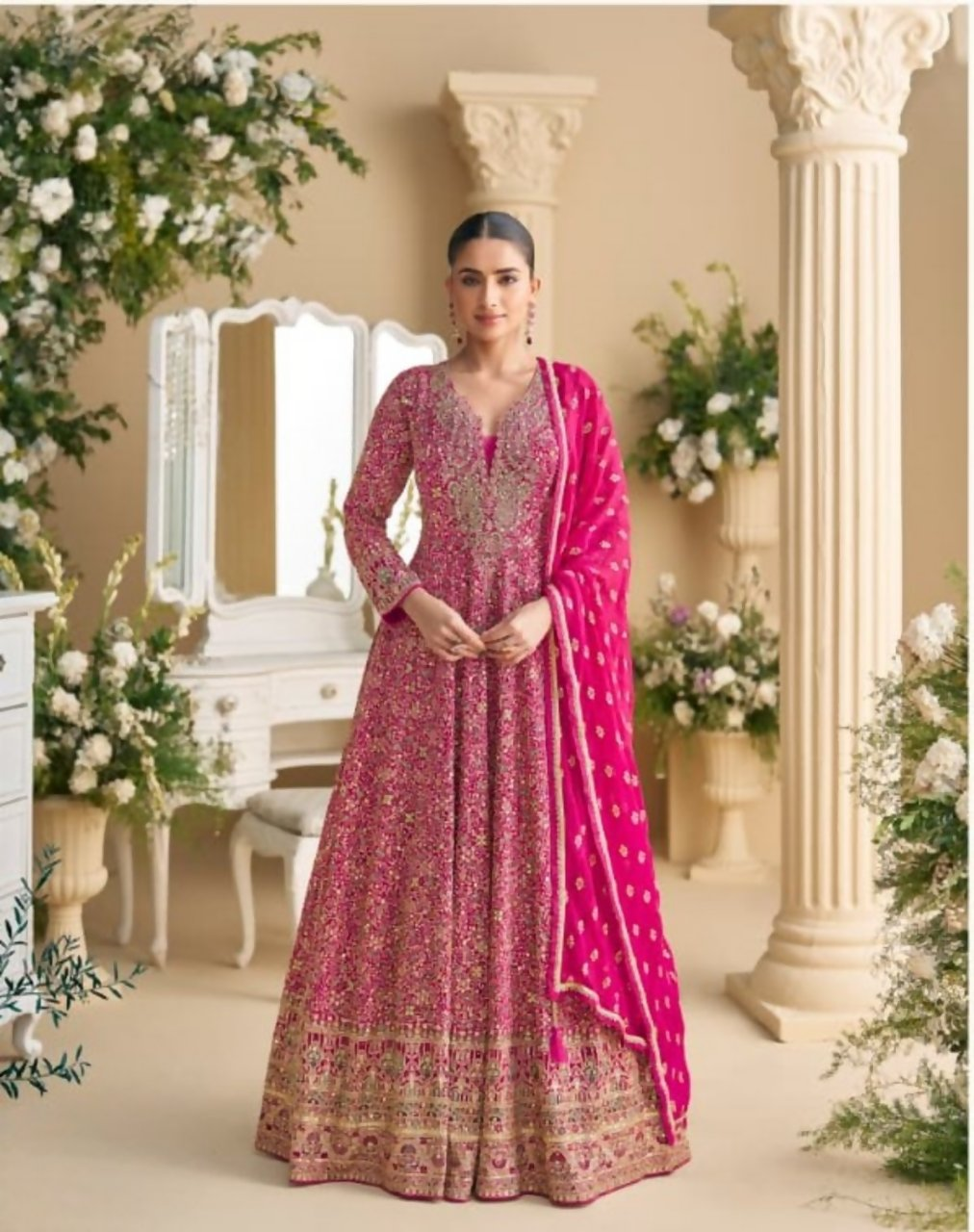 Anaita Rani Pink Real Georgette Readymade Anarkali Gown with Embroidery & Sequence Work | Grocsy