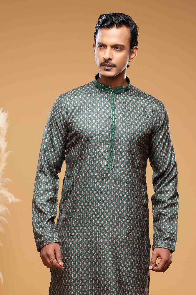 Raivat Ethnic Art Silk Digital Print Pintux Work Kurta Pajama In Green Colour | Grocsy
