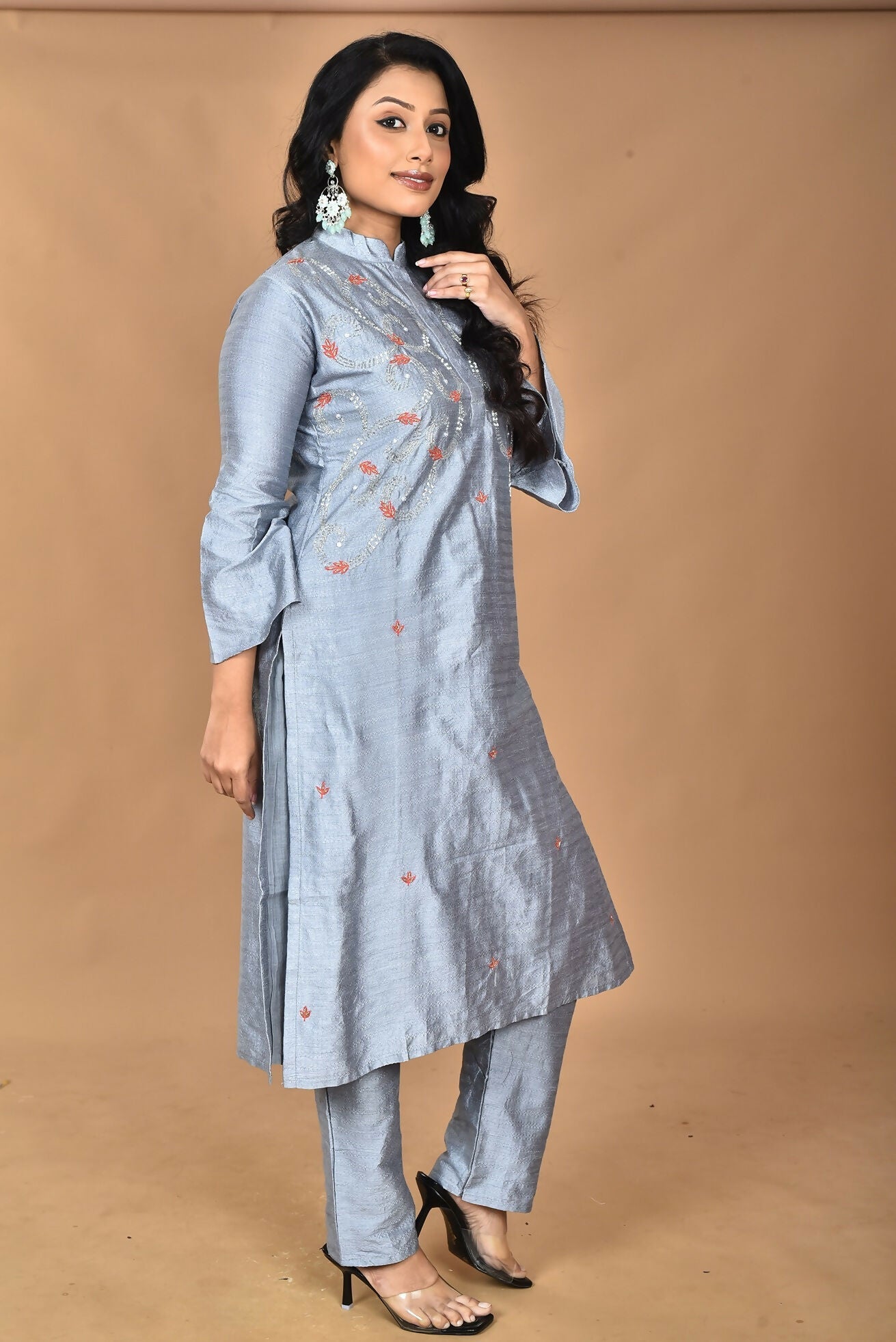 Morchari Women And Hand Embroidery Co-Ord Set-Grey | Grocsy