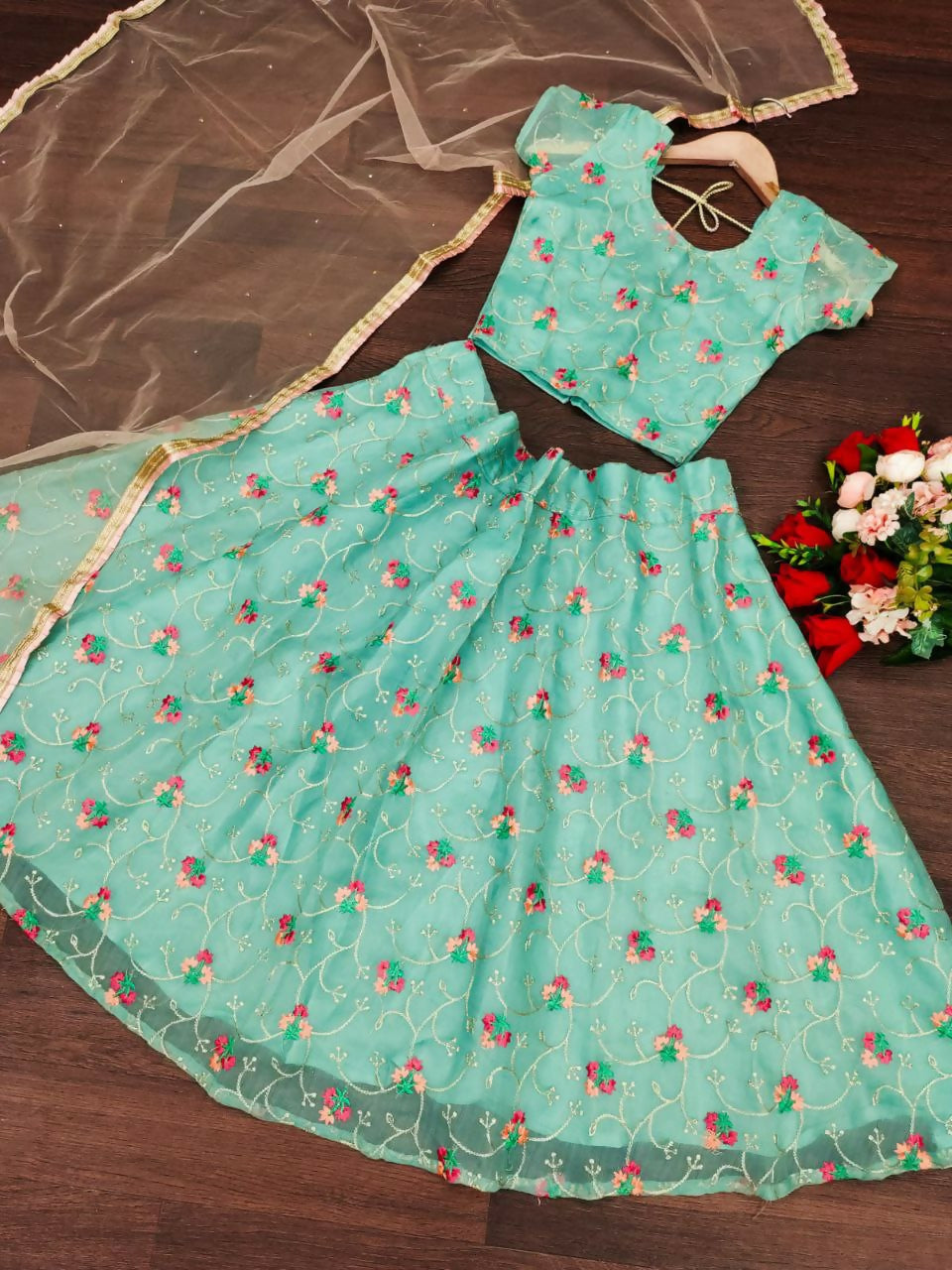 Jyoti Fashion Beautiful Sky Blue Organza Silk Embroidered Kids Lehenga Choli Set | Grocsy