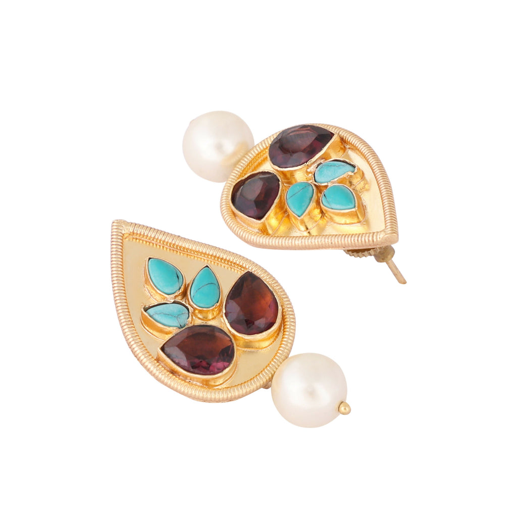 Nuyug 22K Gold Plated Faux Turquoise Stone Studded Contemporary Petal Shaped Pearl Drop Stud Earrings | Grocsy