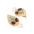 Nuyug 22K Gold Plated Faux Turquoise Stone Studded Contemporary Petal Shaped Pearl Drop Stud Earrings | Grocsy