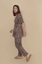 Breathables Women’S Loungewear Kaftan Cotton Aqua Blue Stripes Print Co-Ord Set | Grocsy
