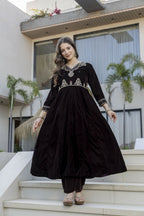 The52 Women's Beautiful Velvet Fabric Embroidery Work Flared Anarkali Pant and Dupatta Set | Grocsy