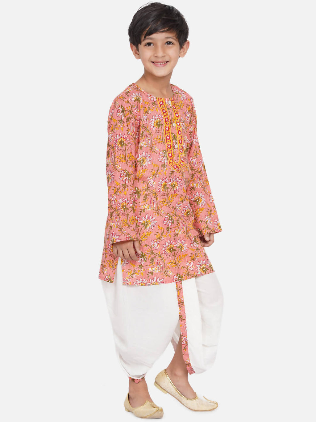 Little Bansi Boys Bengali Kantha work floral kurta & Dhoti - Pink & White | Grocsy