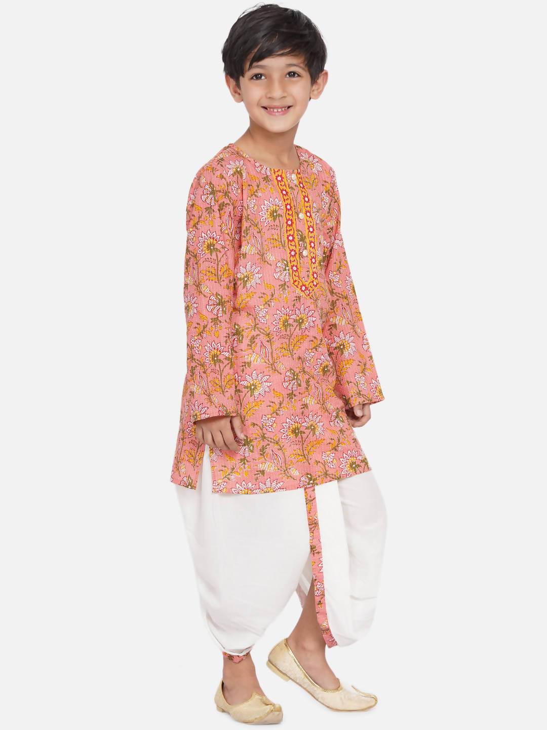 Little Bansi Boys Bengali Kantha work floral kurta & Dhoti - Pink & White | Grocsy