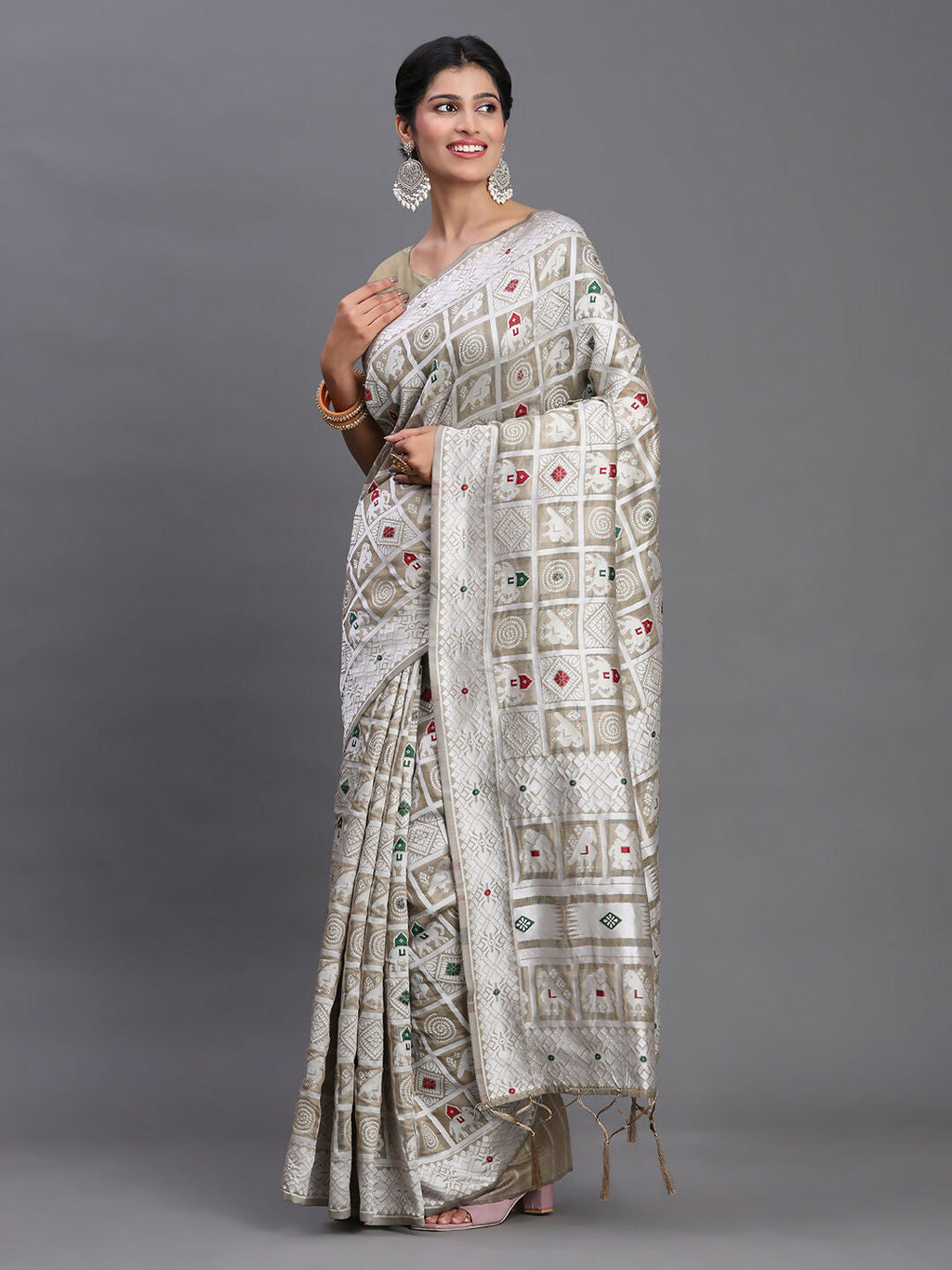 Shree Shyam Fashion Linen Cotton Beige Saree | Grocsy
