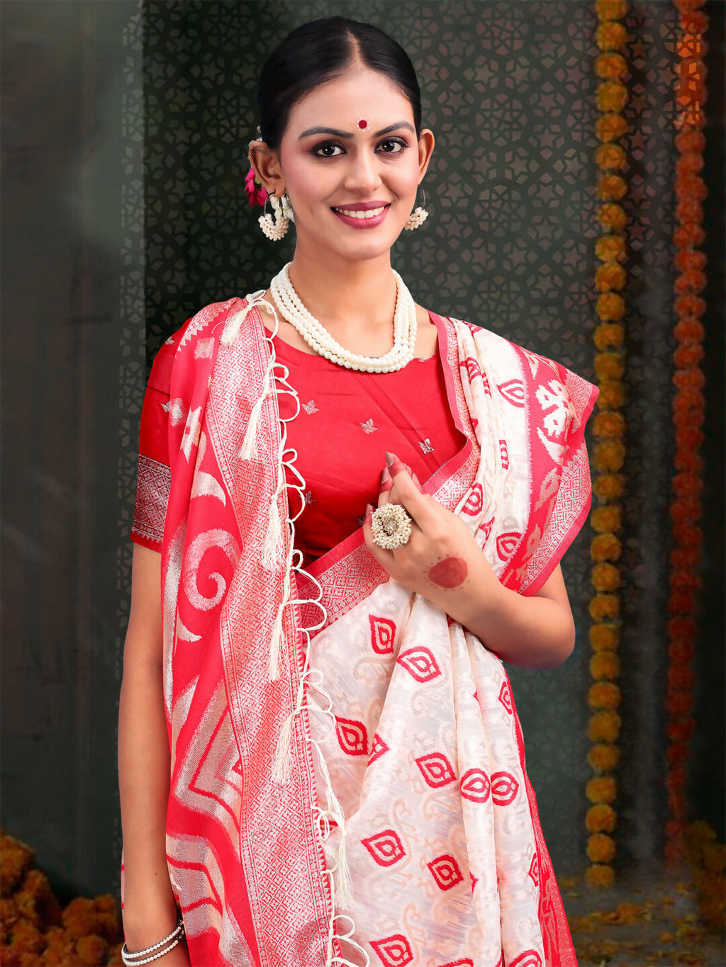 Shree Shyam Fashion Devistuti Red White Linen Cotton Saree | Grocsy