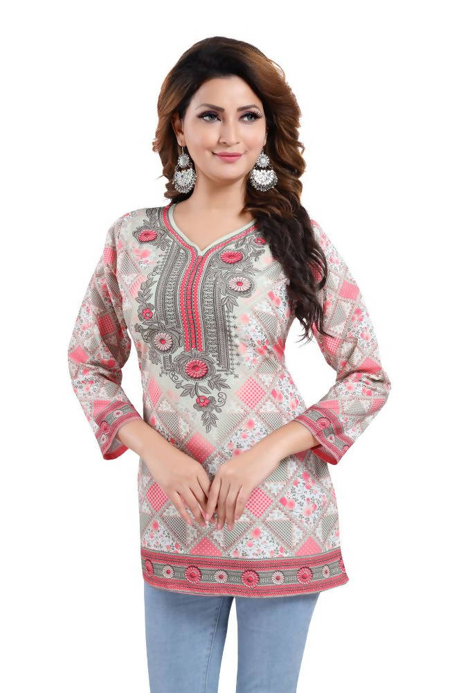Snehal Creations Precious Pink Faux Crepe Printed Short Kurti Tunic | Grocsy