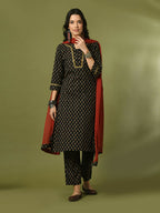 Myshka Women's Black Printed Cotton Straight Party Kurta Set With Dupatta | Grocsy