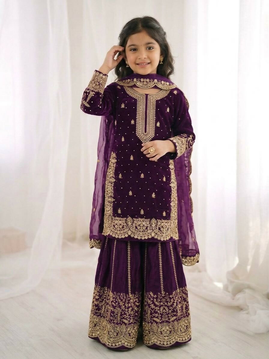 Teeya Creation New Trendy Fully Stitched Ready to Wear Kids Kurta Palazzo Set-Purple | Grocsy