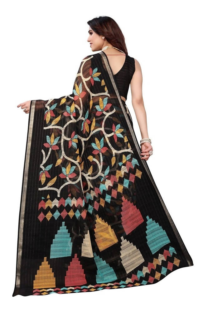 Vamika Black Linen Zari Border Saree | Grocsy