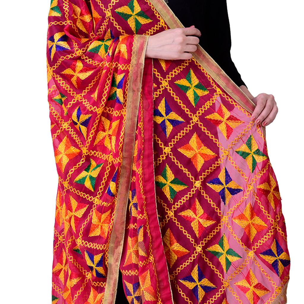 SWI Stylish Women's Embroidered Phulkari Chiffon Magenta Dupatta | Grocsy